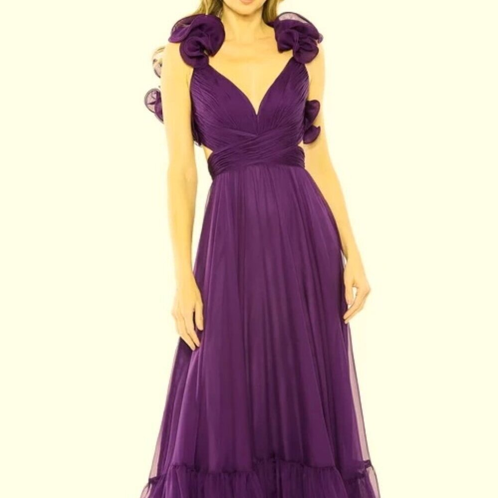 Mac Duggal Royal Purple Rosette Chiffon Cutout Empire Waist Gown